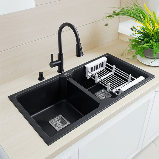 Quartz Double Bowl Kitchen Sink (37 x 18 x 9 Inches) ( Black)
