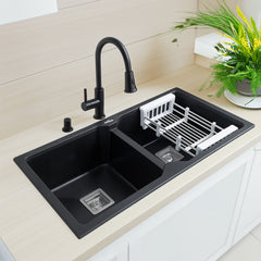 Quartz Double Bowl Kitchen Sink (37 x 18 x 9 Inches) ( Black)