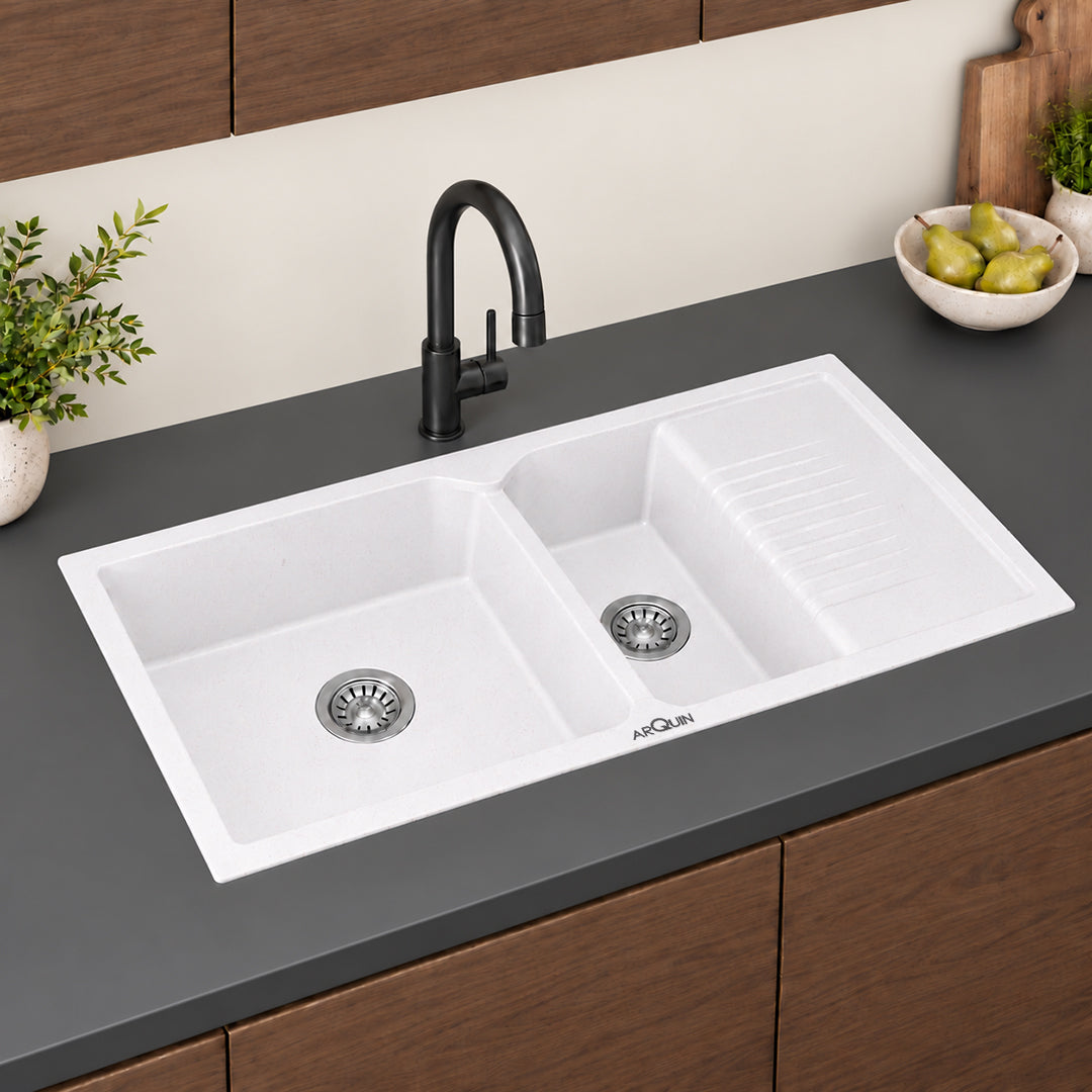 45x20x10 Inch Rosa Quartz Double Bowl with Drain Board Kitchen Sink