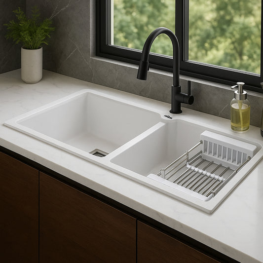 Quartz Double Bowl Kitchen Sink (45x20x 10Inches) ( White)