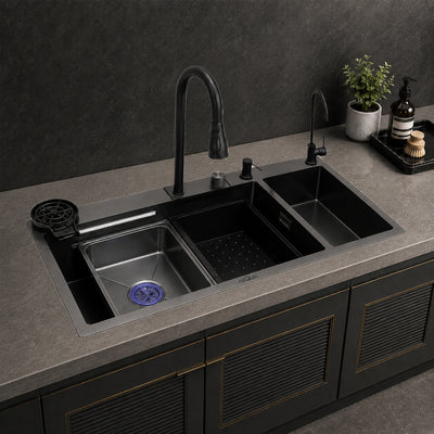 Waterfall Smart Kitchen Sink Double Bowl  (37x18x9 Inch)