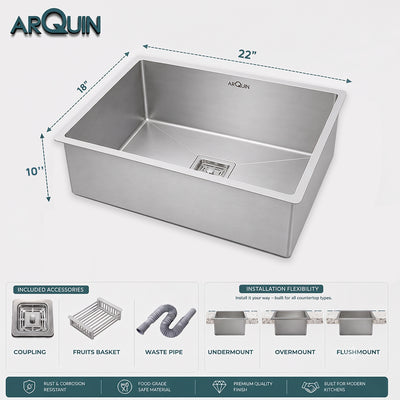 22x18x10 Inch Heavy Grade Handmade Single Bowl Kitchen Sink