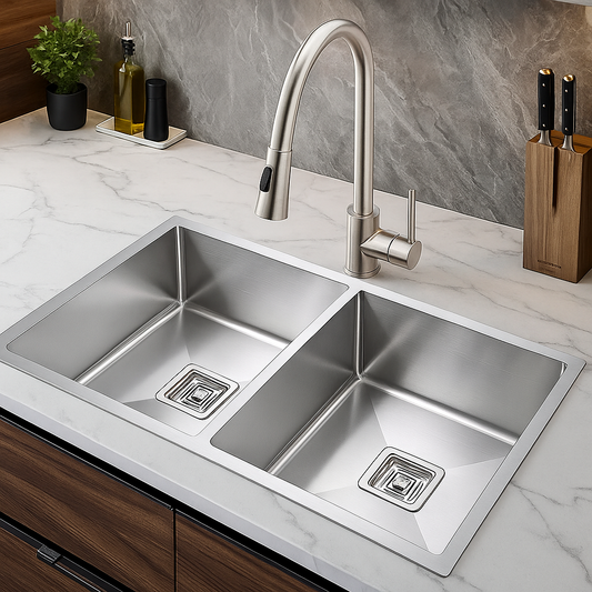 Heavy Grade Handmade Double Bowl Kitchen Sink (45 x 20 x 9 Inches)