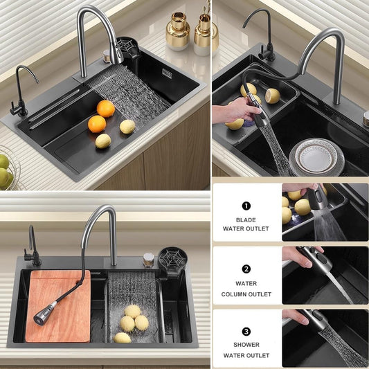 Nano Black Waterfall Kitchen Sink Stainless Steel Anti Scratch Smart Design Sink with Integrated Waterfall and Pull-Down Faucet (24X18X9 Inches)