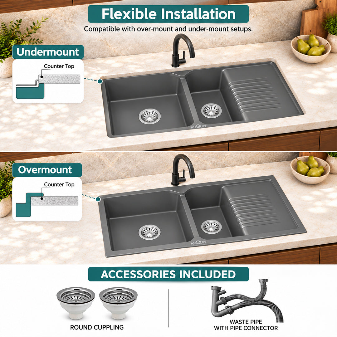 45x20x9 Inch Grey Quartz Double Bowl with Drain Board Kitchen Sink