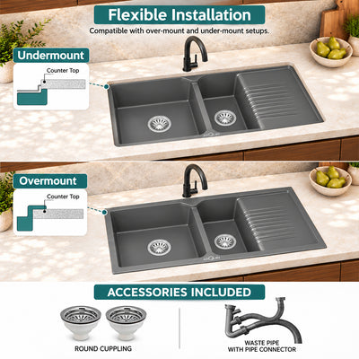 45x20x9 Inch Grey Quartz Double Bowl with Drain Board Kitchen Sink