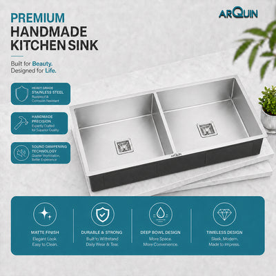 45x20x10 Inch 304 Grade Handmade Double Bowl Kitchen Sink Stainless Steel