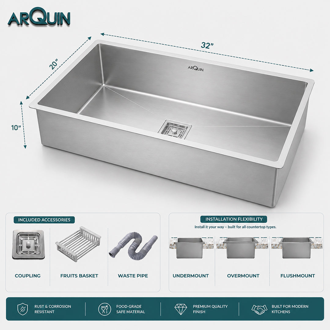 32x20x10 Inch Heavy Grade Handmade Single Bowl Kitchen Sink