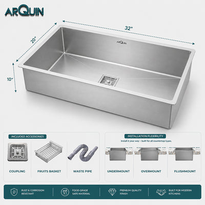 32x20x10 Inch Heavy Grade Handmade Single Bowl Kitchen Sink