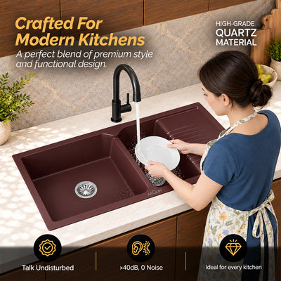 45x20x10 Inch Brown Quartz Double Bowl with Drain Board  Kitchen Sink