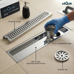 Shower Water Drain Channel SS 304 Grade with Cockroach Trap (18X4 Inch)