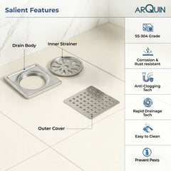 Square Floor Drainer 304 SS Grade Without Cockroach Trap (5X5 Inch)