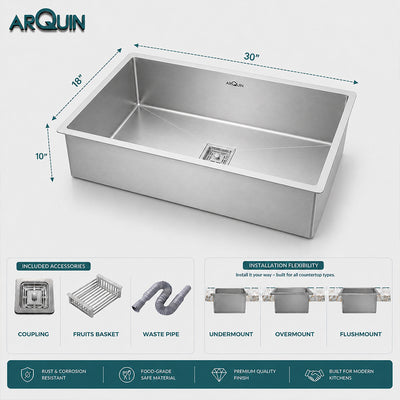 30x18x10 Inch 304 Grade Handmade Single Bowl Kitchen Sink Stainless Steel