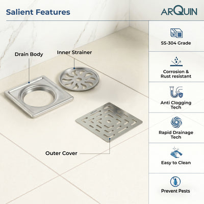 Square Floor Drainer 304 SS Grade Without Cockroach Trap (6x6 Inch)