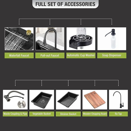 Black Waterfall Kitchen Sink with Stainless Steel and Anti Scratch Honeycomb Design with Integrated Waterfall, Pull-down Faucet, Cup Washer and Drain Baskets (30X18X9 Inches)