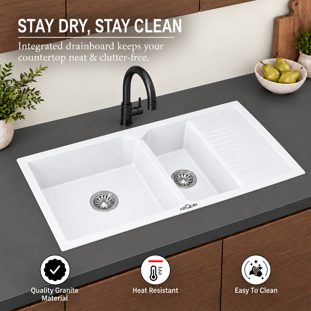 45x20x9 Inch Sand Pluto Quartz Sink Double Bowl with Drain Board  Kitchen Sink