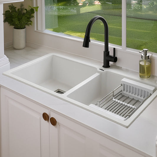 Quartz Double Bowl Kitchen Sink (37 x 18 x 9 Inches) ( White)