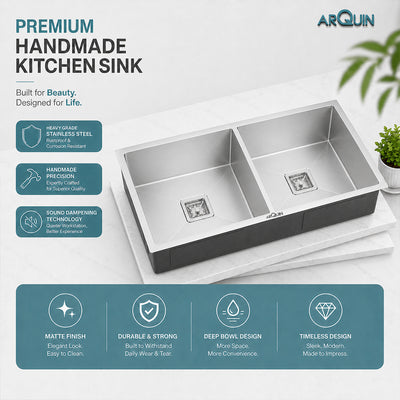 32x18x10 Inch 304 Grade Handmade Double Bowl Kitchen Sink Stainless Steel