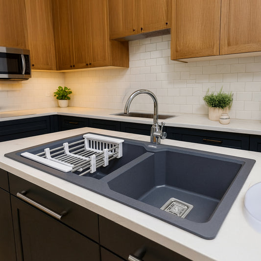 Quartz Double Bowl Kitchen Sink (37 x 18 x 9 Inches) ( Grey)