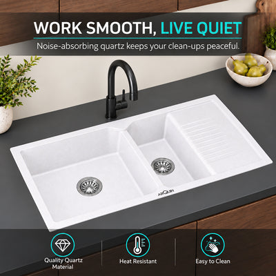 45x20x10 Inch Rosa Quartz Double Bowl with Drain Board Kitchen Sink