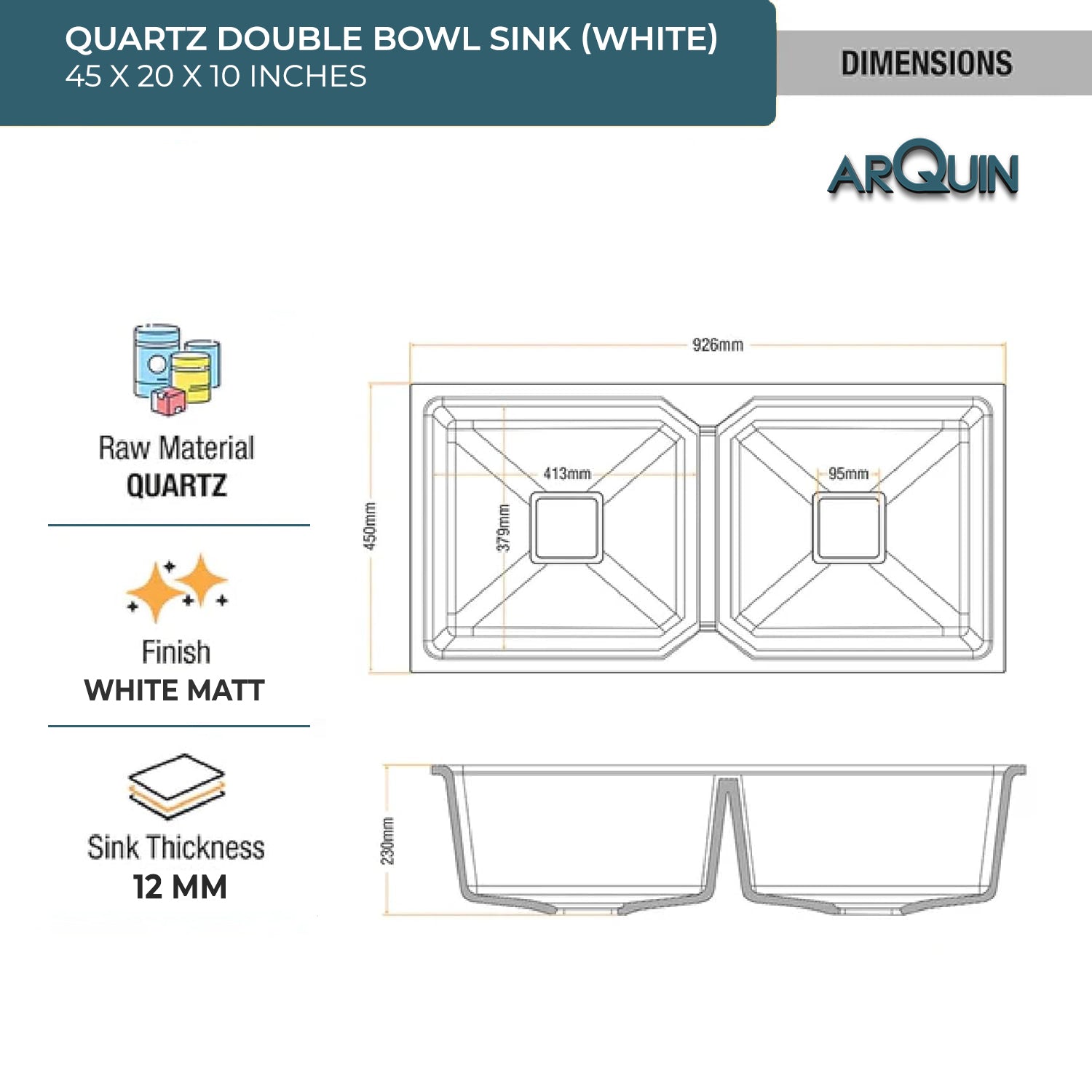 45x20x10Inch White Quartz Double Bowl Kitchen Sink