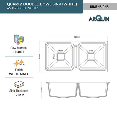 45x20x10Inch White Quartz Double Bowl Kitchen Sink