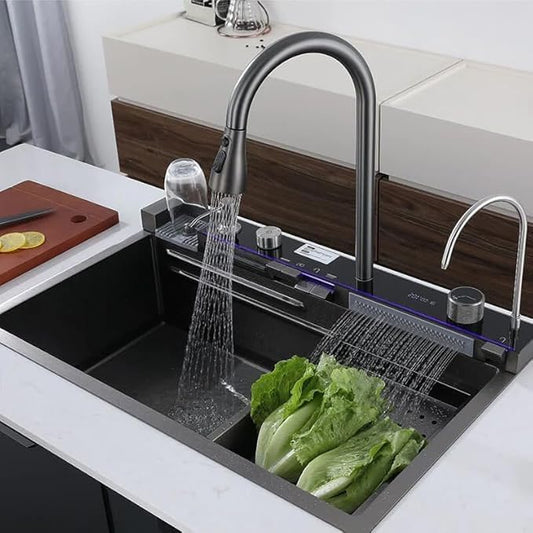 Black Waterfall Kitchen Piano Sink LED Panel & Digital Display Smart Sink Stainless Steel Sink with Integrated Waterfall & Pull-down Faucet (30X18X9 Inches)