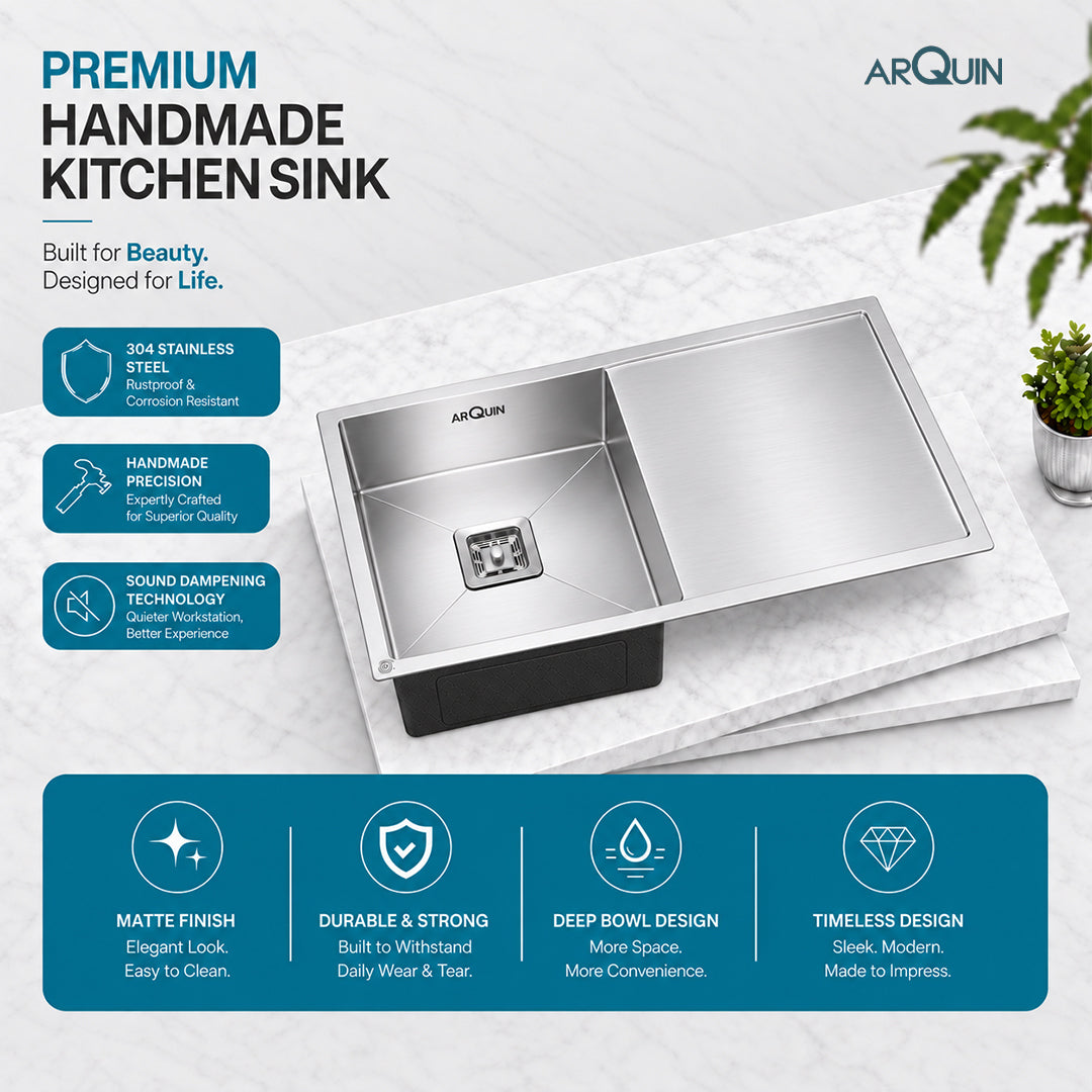 37x18x10 Inch 304 Grade Handmade Single Bowl With Drain Board Kitchen Sink Stainless Steel