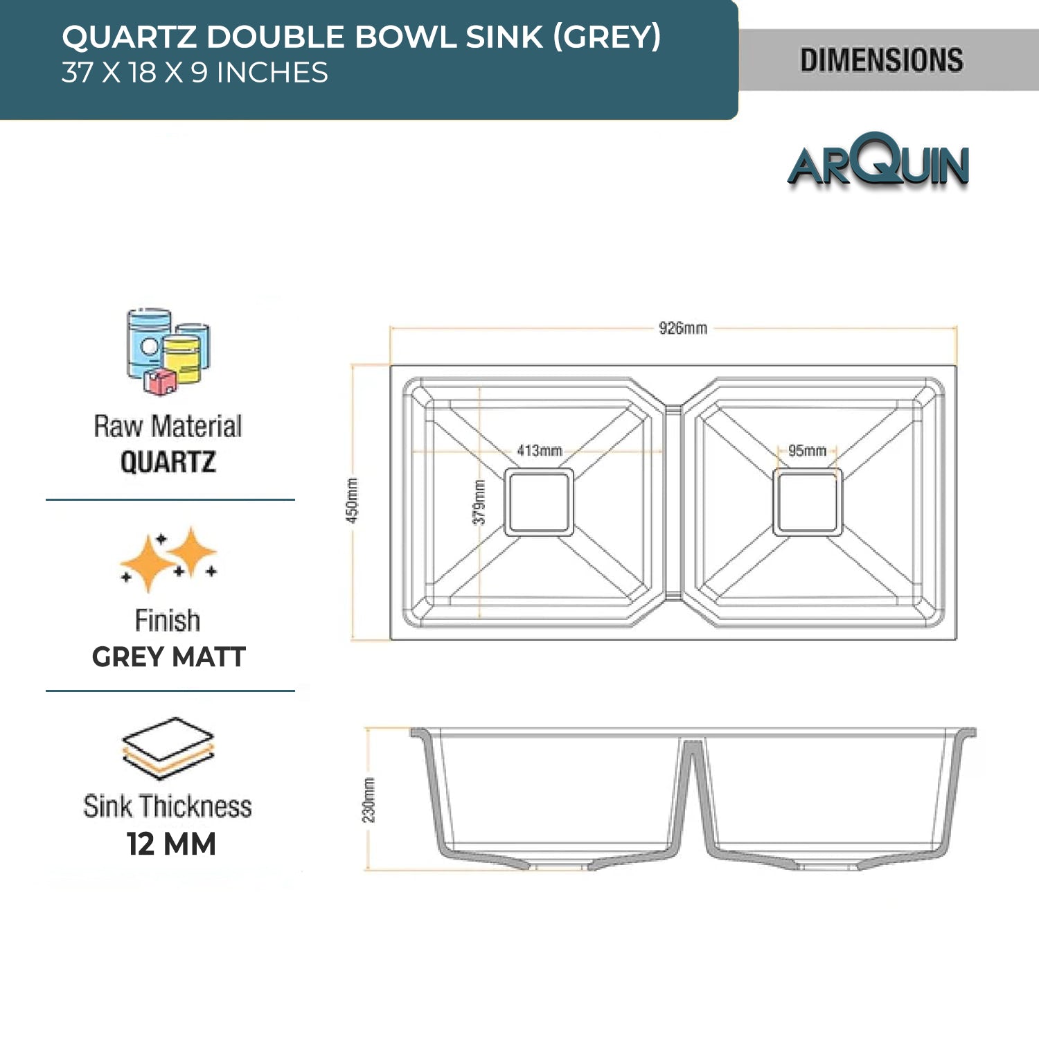 37x18x9 Inch Grey Quartz Double Bowl Kitchen Sink