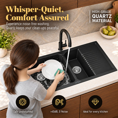 45x20x10 Inch Black Quartz Double Bowl with Drain Board Kitchen Sink