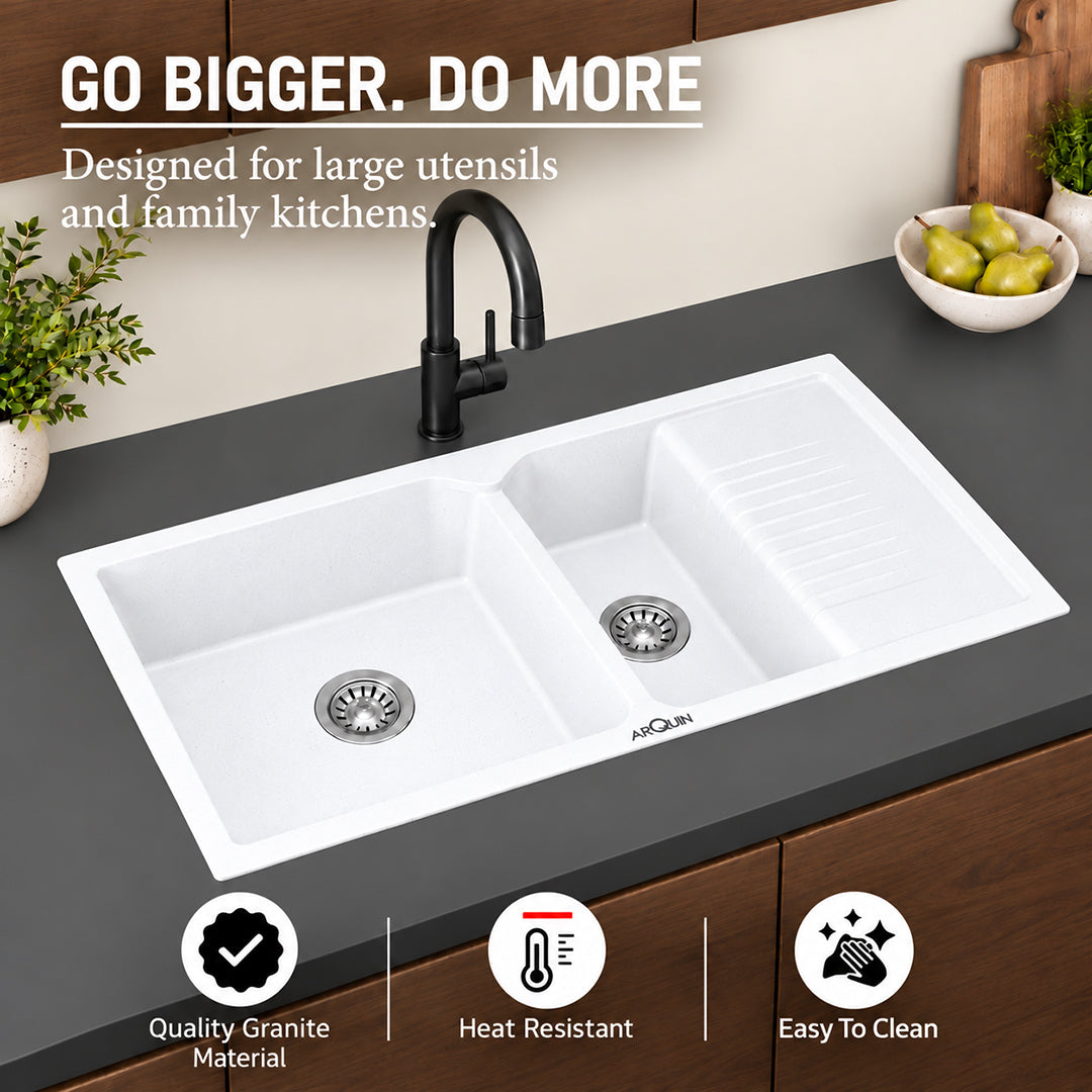 45x20x10 Inch White Quartz Double Bowl with Drain Board  Kitchen Sink