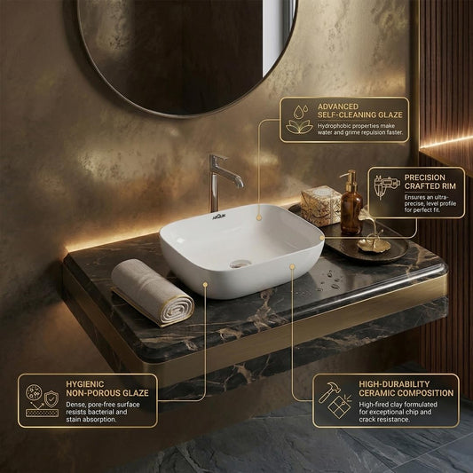 ARQUIN ARQUIN Wash Basin for Bathroom Tabletop | Ceramic Glossy Rectangular Countertop Vessel Sink | Vanity Washbasin for Dining Hall & Home CITIZEN