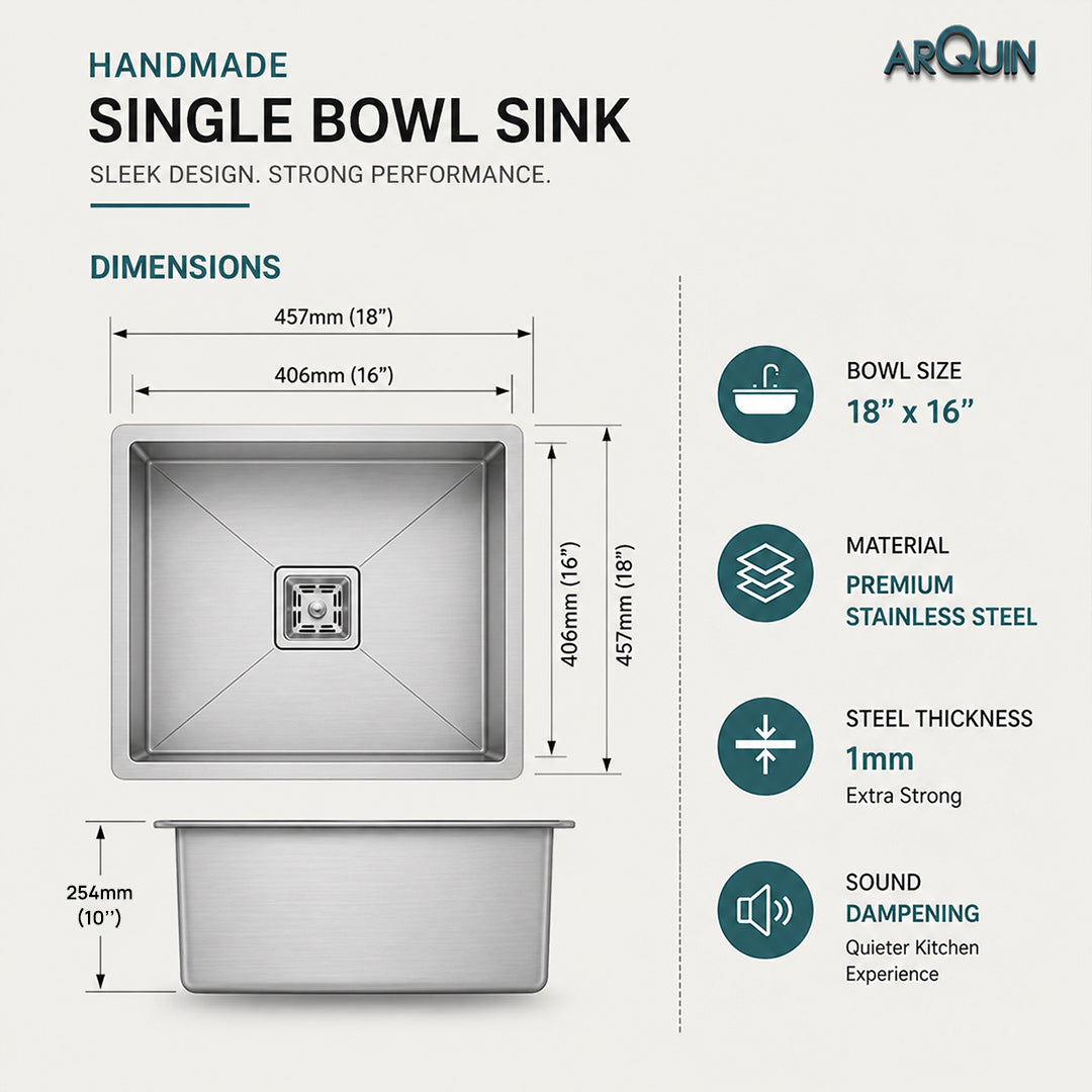 18x16x10 Inch Heavy Grade Handmade Single Bowl Kitchen Sink