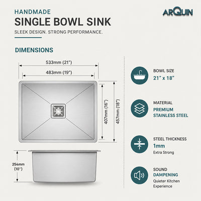21x18x10 Inch Handmade Single Bowl Kitchen Sink Heavy Grade Stainless Steel