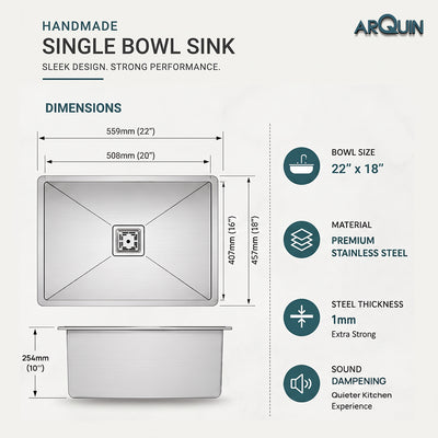 22x18x10 Inch Heavy Grade Handmade Single Bowl Kitchen Sink