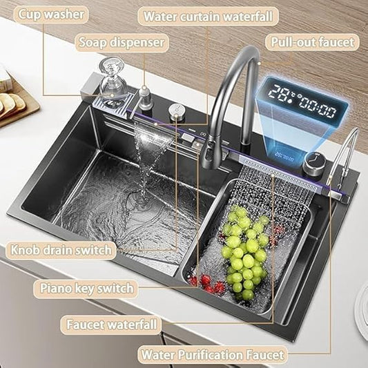 Piano Waterfall Kitchen Sink (30 x 18 x 9 Inches) |304 Grade Stainless Steel Sink