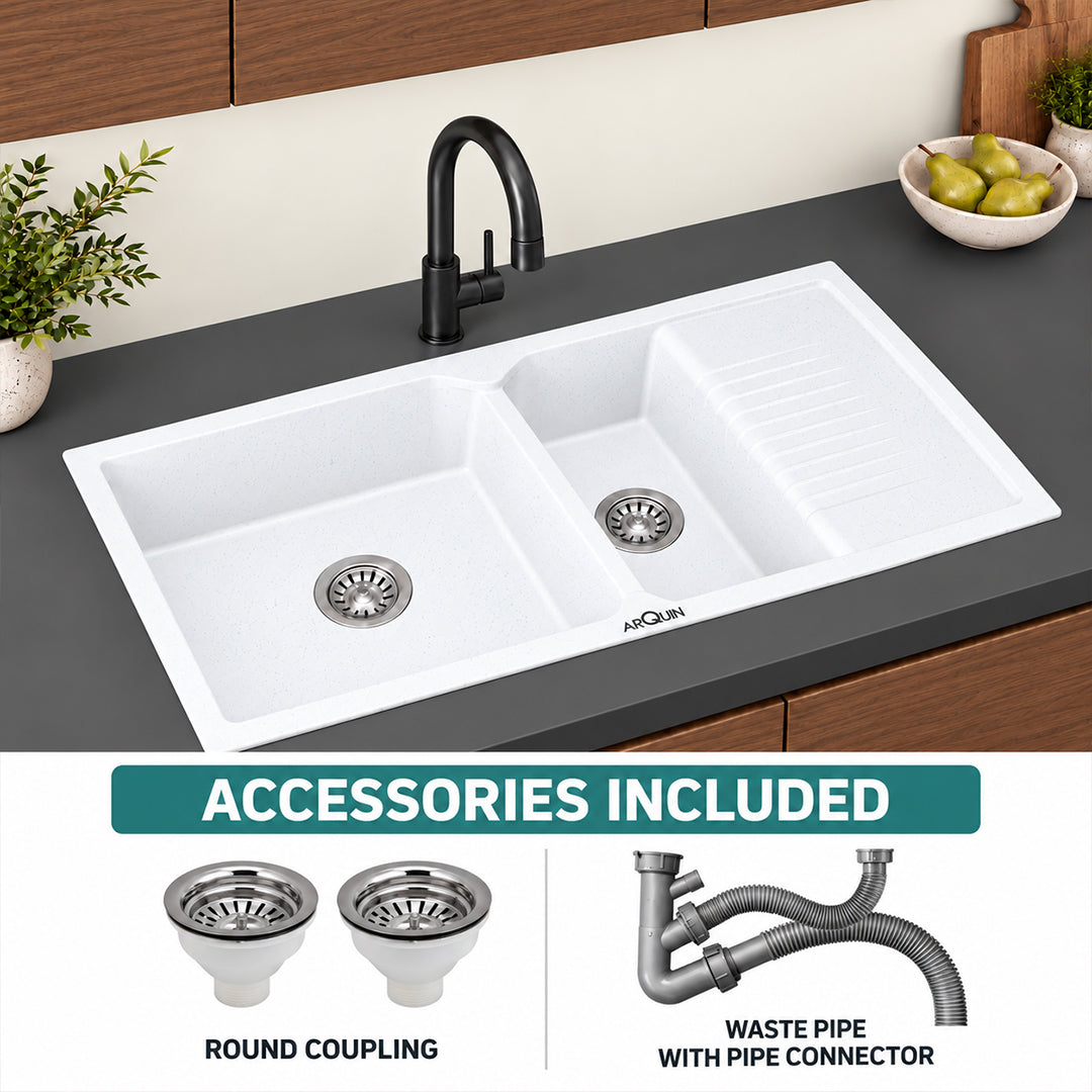 45x20x9 Inch Sand Pluto Quartz Sink Double Bowl with Drain Board  Kitchen Sink