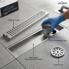 Shower Water Drain Channel SS 304 Grade with Cockroach Trap (24X4 Inch)