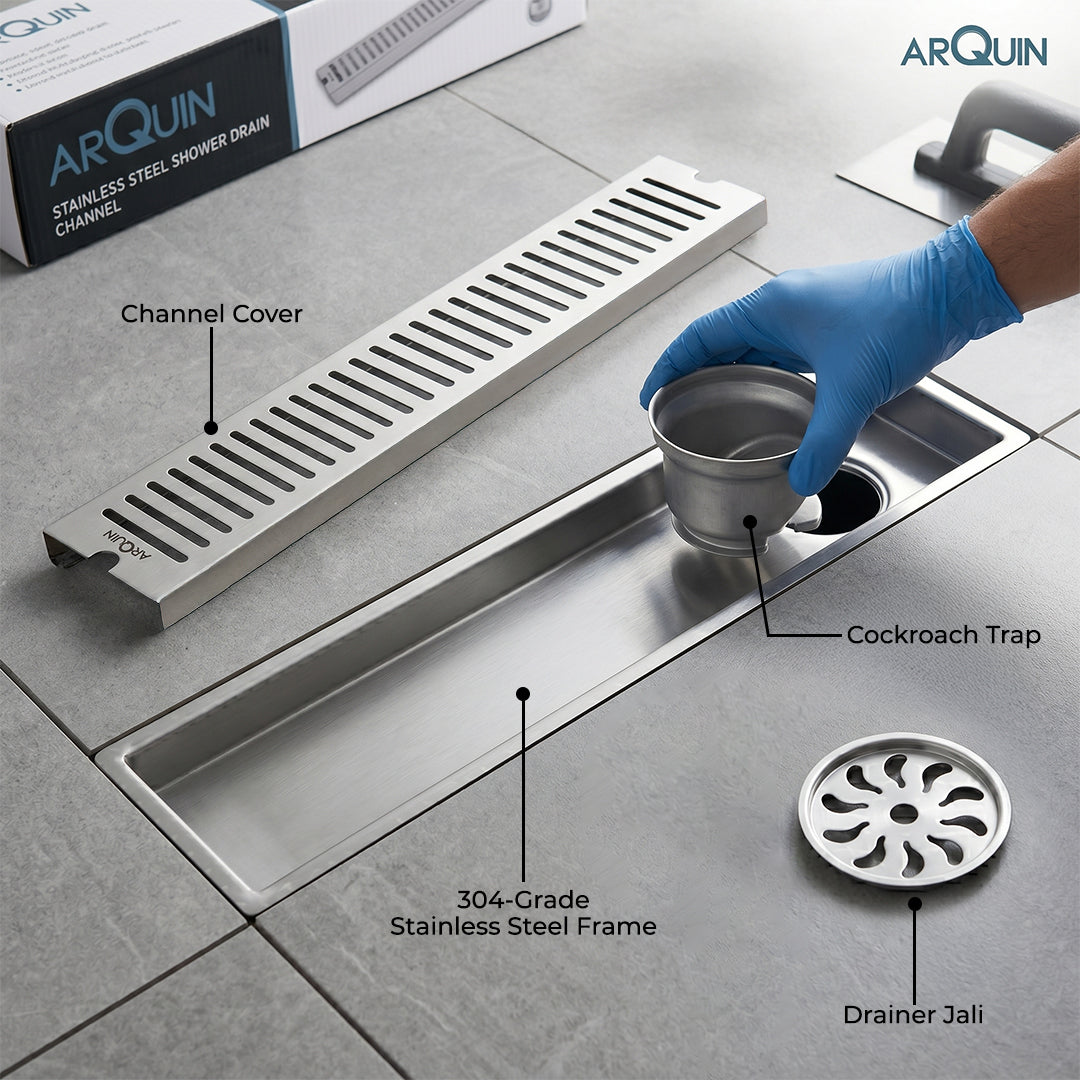 Shower Drain Channel SS 304 Grade with Cockroach Trap (12x4 Inch)