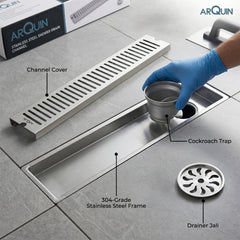 Shower Water Drain Channel SS 304 Grade with Cockroach Trap (12X4 Inch)
