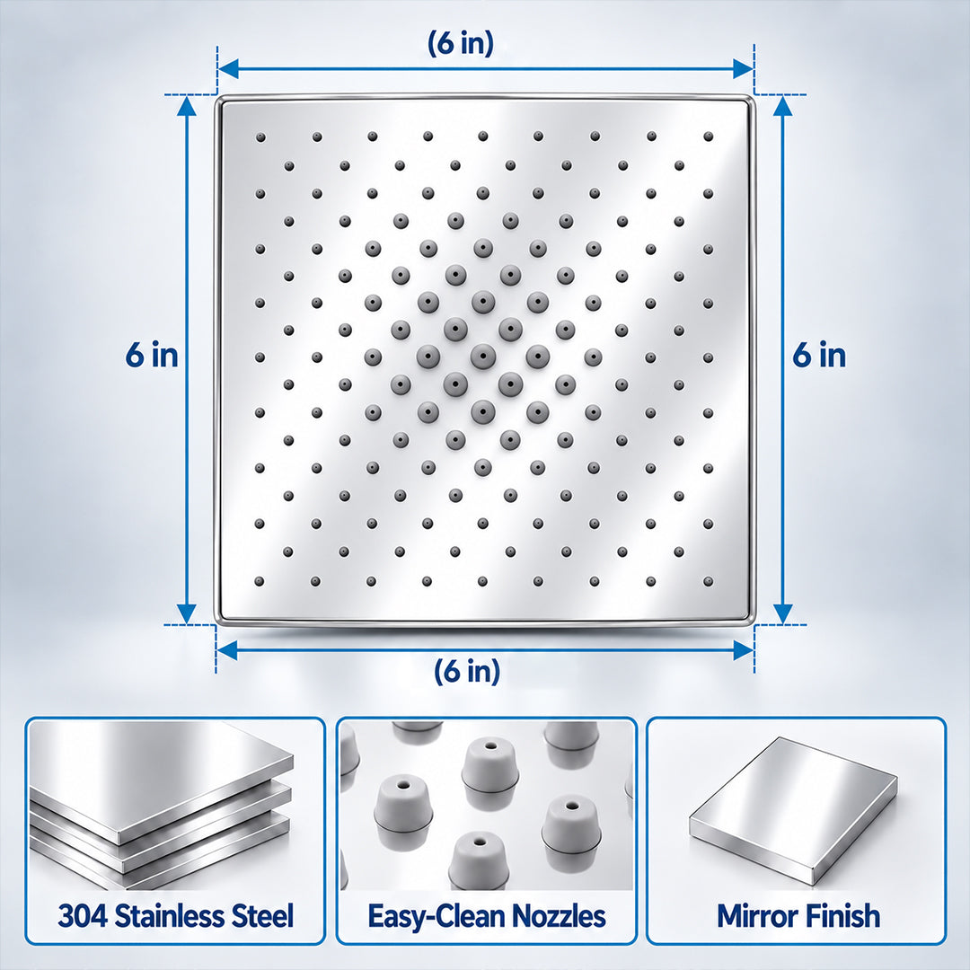 Rain Shower Head without Arm 304 Stainless Steel Overhead Shower 6x6 Inch (MAGIC)
