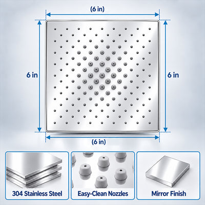 Rain Shower Head without Arm 304 Stainless Steel Overhead Shower 6x6 Inch (MAGIC)