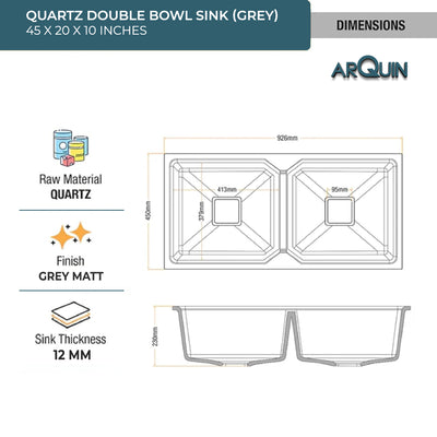 45x20x10 Inch Grey Quartz Double Bowl Kitchen Sink
