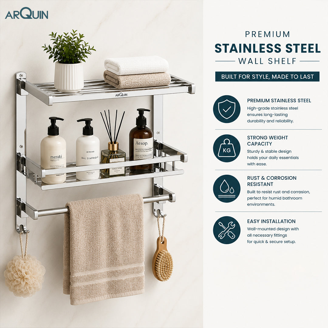 3 Layer Bathroom Folding Shelf Stainless Steel Chrome Finish - 16 Inch (B13)