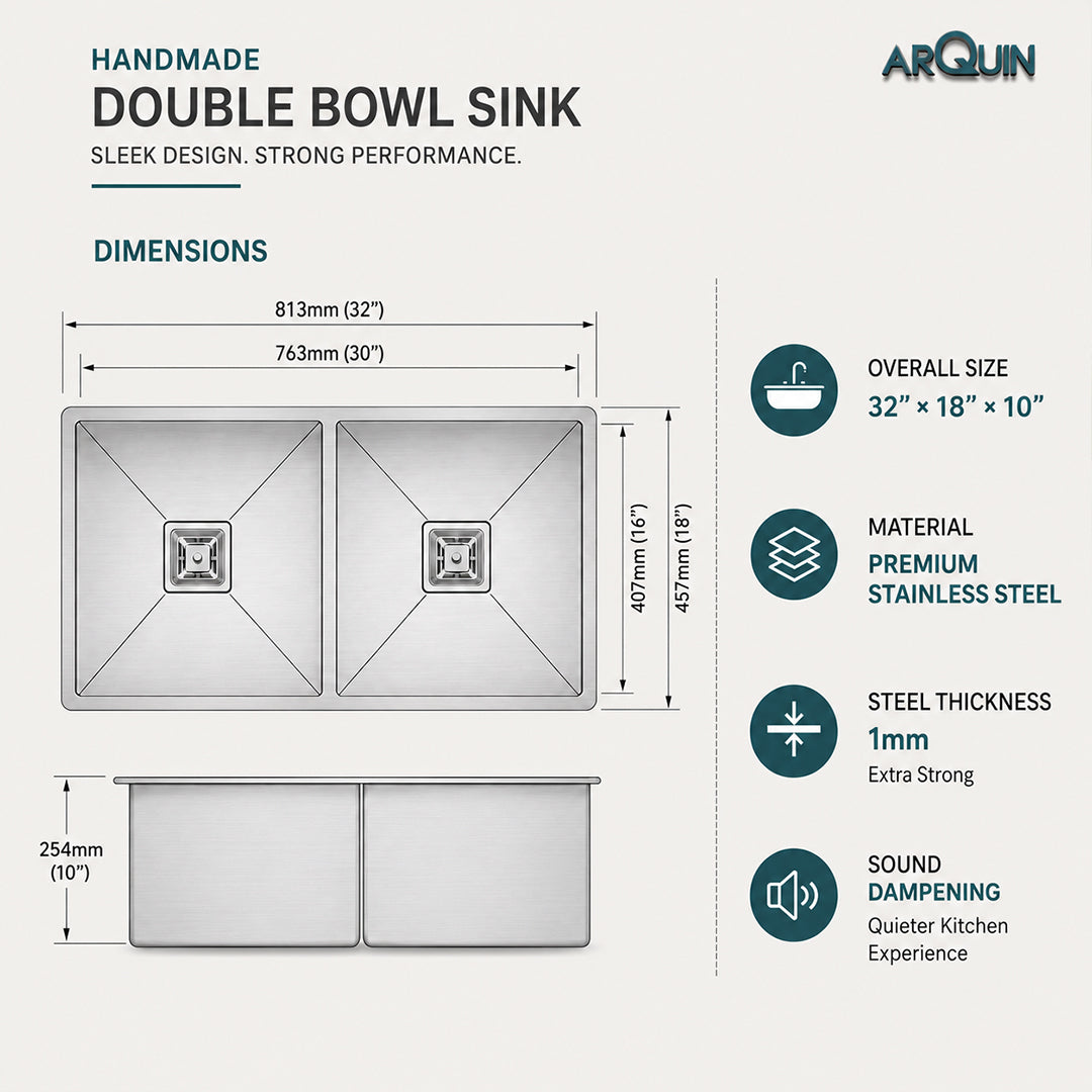 32x18x10 Inch 304 Grade Handmade Double Bowl Kitchen Sink Stainless Steel