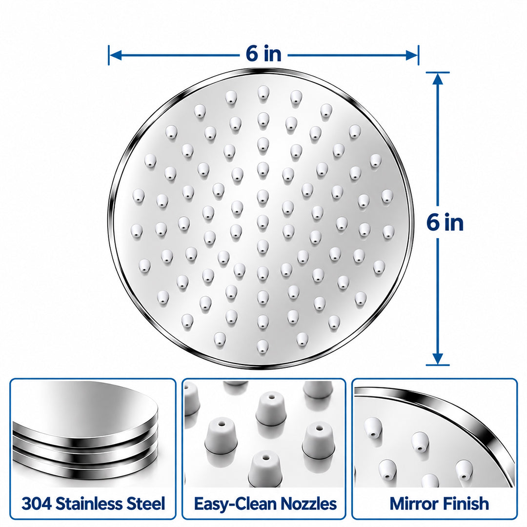 Rain Shower Head without Arm 304 Stainless Steel Overhead Shower 6x6 Inch (ELEGANCE ROUND)