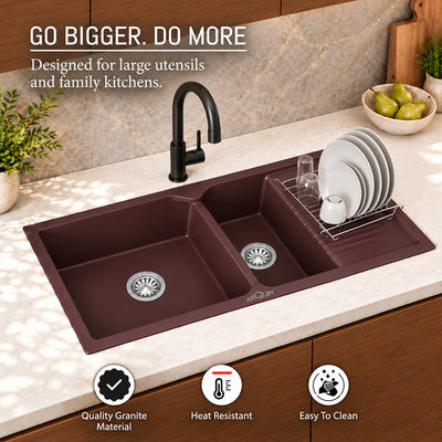 45x20x10 Inch Brown Quartz Double Bowl with Drain Board  Kitchen Sink