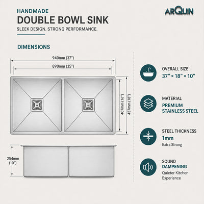 37x18x10 inch Heavy Grade Handmade Double Bowl Kitchen Sink