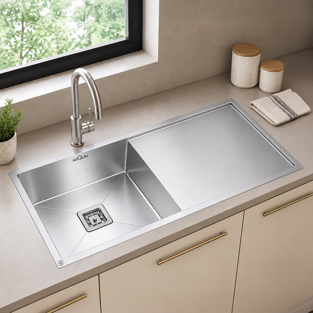 45x20x10 Inch 304 Grade Handmade Single Bowl With Drain Board Kitchen Sink Stainless Steel
