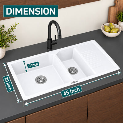 45x20x10 Inch White Quartz Double Bowl with Drain Board  Kitchen Sink